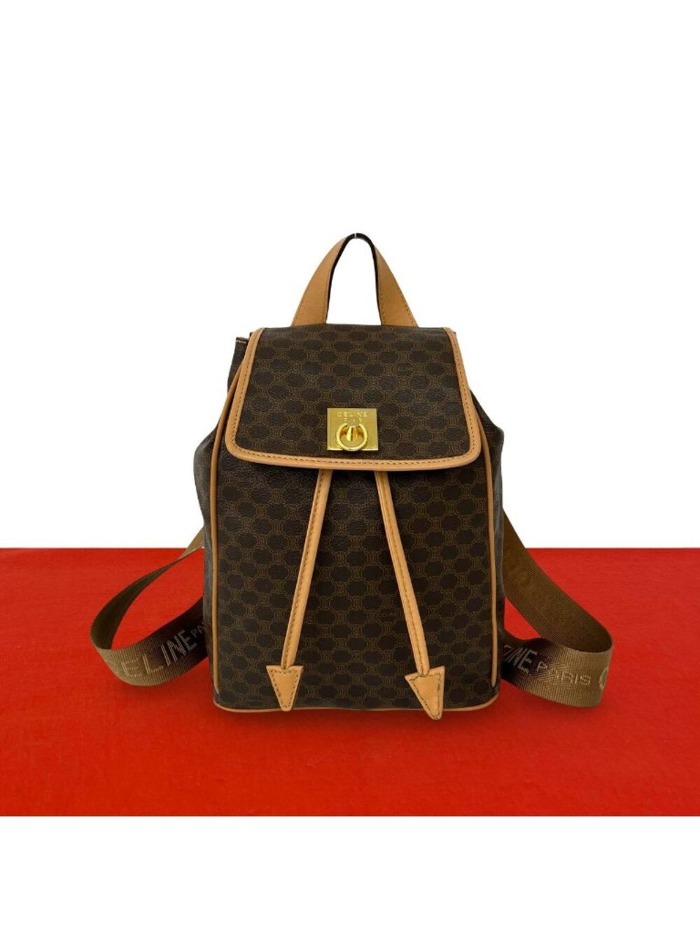 Celine Vintage Macadam Pattern Logo Ring Leather Backpack Brown